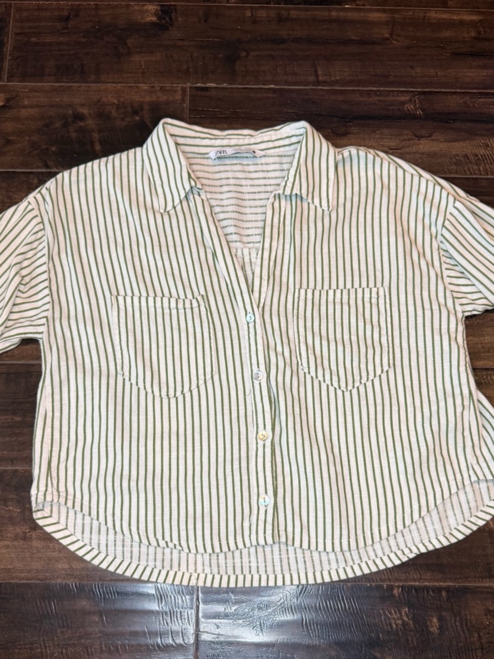 Zara Women’s Linen Blend Striped Shirt Olive Green White Size L Roll Tab Boxy